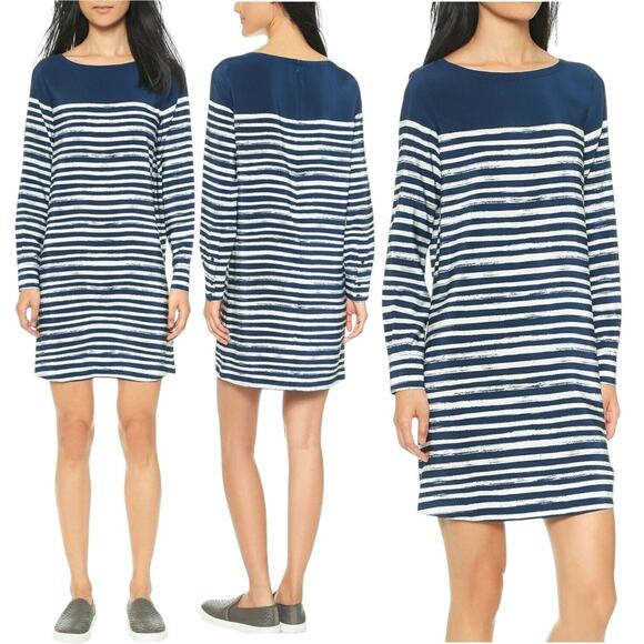 VINCE 100%Silk Shift Dress Marker Stripe Long Sleeve Career Business Casual Blue - Picture 12 of 12